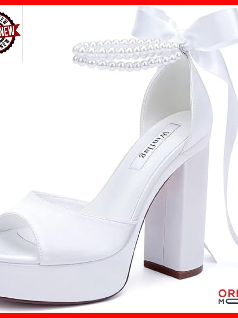 Platform Heeled Wedding Sandals with Pearls, Satin, Chunky Heel